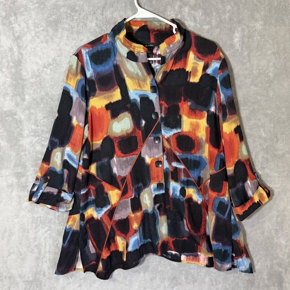 Ali Miles L Top Multicolor Abstract Square Print Button Tunic Lagenlook Artsy